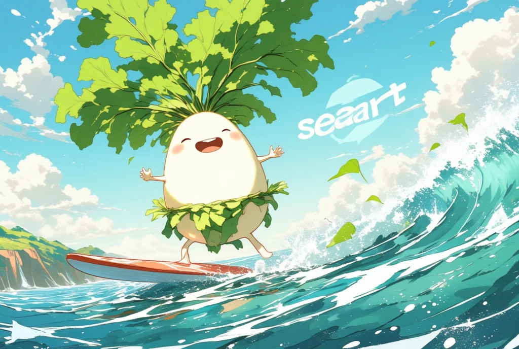 (Japanese white radish:Eyes and mouth:limbs:white:Leaf Hair ), loincloth,surfing,Show logo in background"SeaArt"