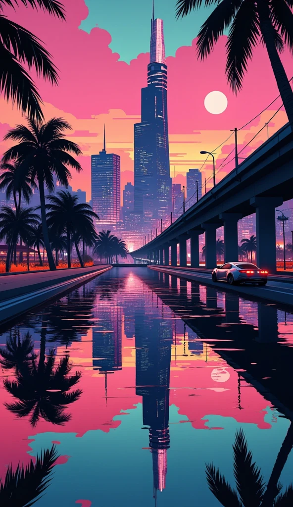 Synthwave style image of a city reflected almost perfectly in the ocean. on the line that divides the city and the ocean is a highway, where a car is passing through. the color is vividly displaying prominent neon-like pink, orange, and turquoise colors. the time is night, where the bright moon and subtle lines of cloud can be observed from the dark sky.