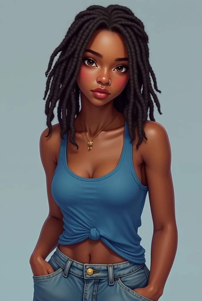 a realistic cartoon character, black woman, slim, with big breasts, with neckline, with afro hair with big straight braids