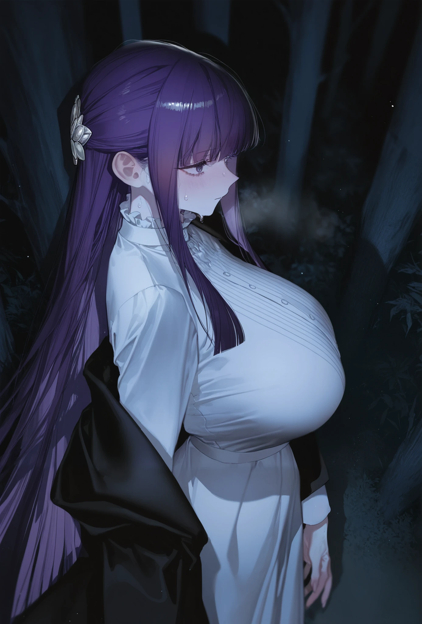 ((1 knife woman)),(( blouse with black dots, blouse wet with milk, tight mini skirt))),((very huge breasts, brushing mict breasts, naked puss(hair ith whitea dotsclose eye, hopeless face)),((standing, In a haunted forest, at night)),((1 arm behind the back)),