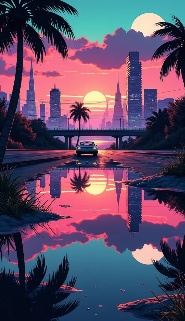 Synthwave style image of a city reflected almost perfectly in the ocean at night. on the line that divides the city and the ocean is a highway, where a car is passing through. the color is vividly displaying prominent neon-like pink, orange, and turquoise colors. moon and cloud can also be observed.