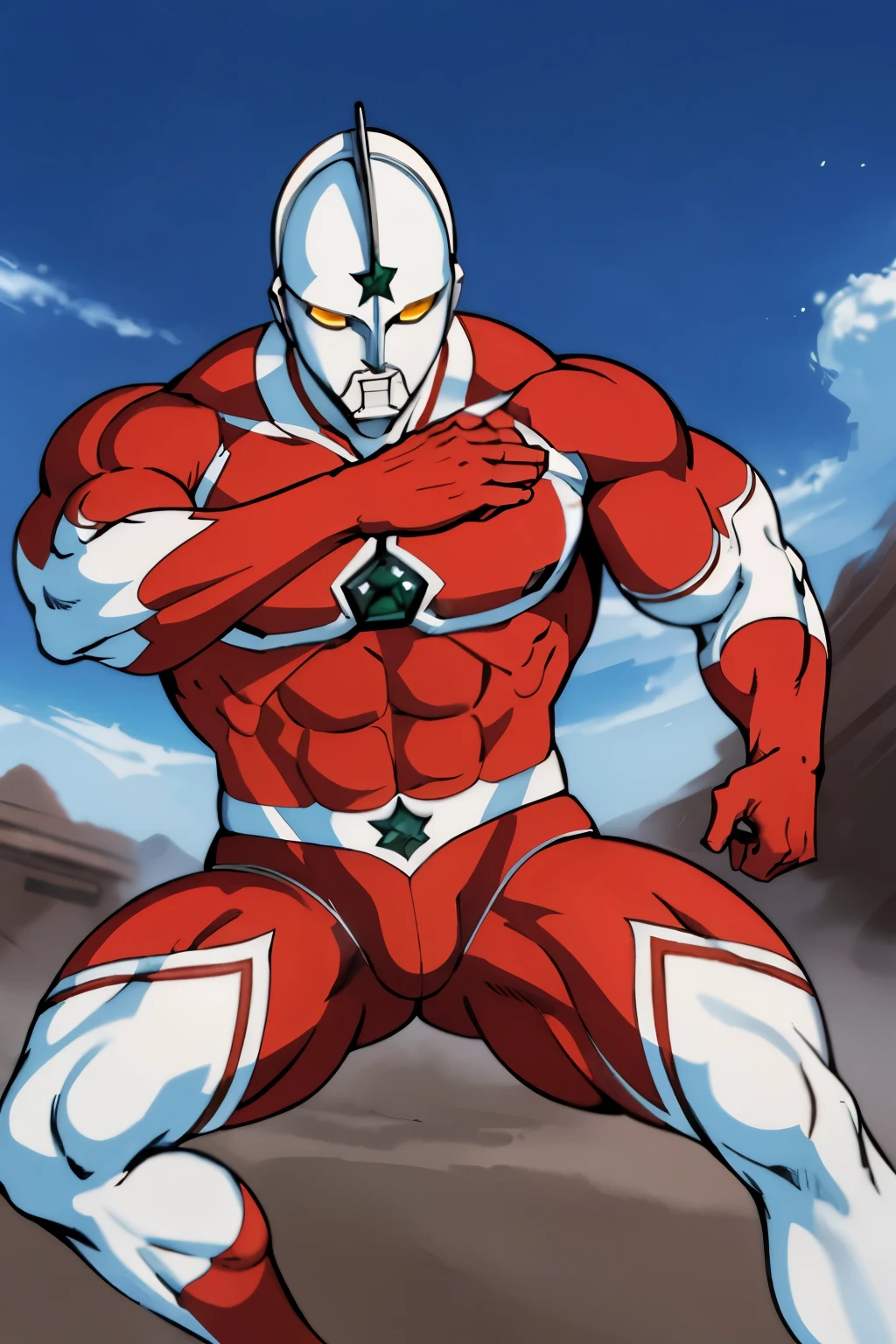 masterpiece,  best quality, 4K, 8k,  Ultraman Jonius, Muscular, , Masculinity、Robust， large crotch bulge，Stocky build、Pinch in battle 、suffer、Thick chest、Captured by the enemy