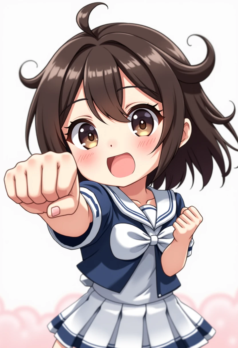 A chibi super cute girl wearing a sailor uniform costume. She is facing the camera and throwing a punch directly toward it, with a determined and energetic expression. Her small mouth is wide open as if she’s shouting confidently. Her other hand is clenched tightly at her side, adding to her dynamic pose. The sailor uniform has a neatly tied ribbon, and her exaggeratedly large, sparkling eyes enhance her adorable and vibrant presence. The perspective emphasizes her punch, making it appear as though it’s coming out of the frame, adding a fun and action-packed feel to the scene.