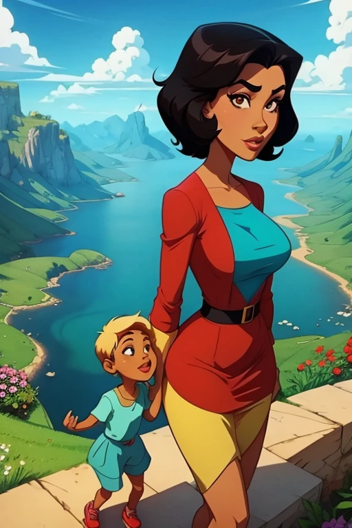 Animated cartoon of a two-dimensional cartoon of a red-skinned mother with short black hair in a fantastic world 