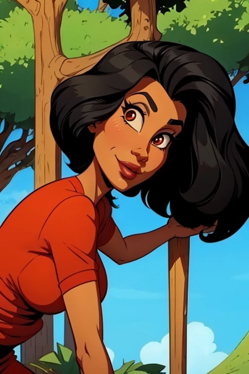 Animated cartoon of a two-dimensional cartoon of a red-skinned mother with short black hair in a fantastic world 