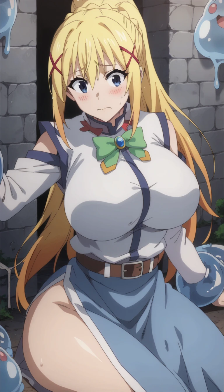 Prompt: (huge gigantic super mega hyper:1.1),(biggest round giant massive :1.1), (only one women) ,front view ,sexy poses,mounts background,Trensperent slime, slime monster attack,source_anime,masterpiece,best quality,highres,absurdres,official art,official style,source_anime,anime screencap,anime coloring,megami magazine,anime,animated,explicit, shiny skin,large breasts,  golden hair , darkness ,konosuba,blush, side, on side,   darkness,asking for help, darkness stuck inside slime, 