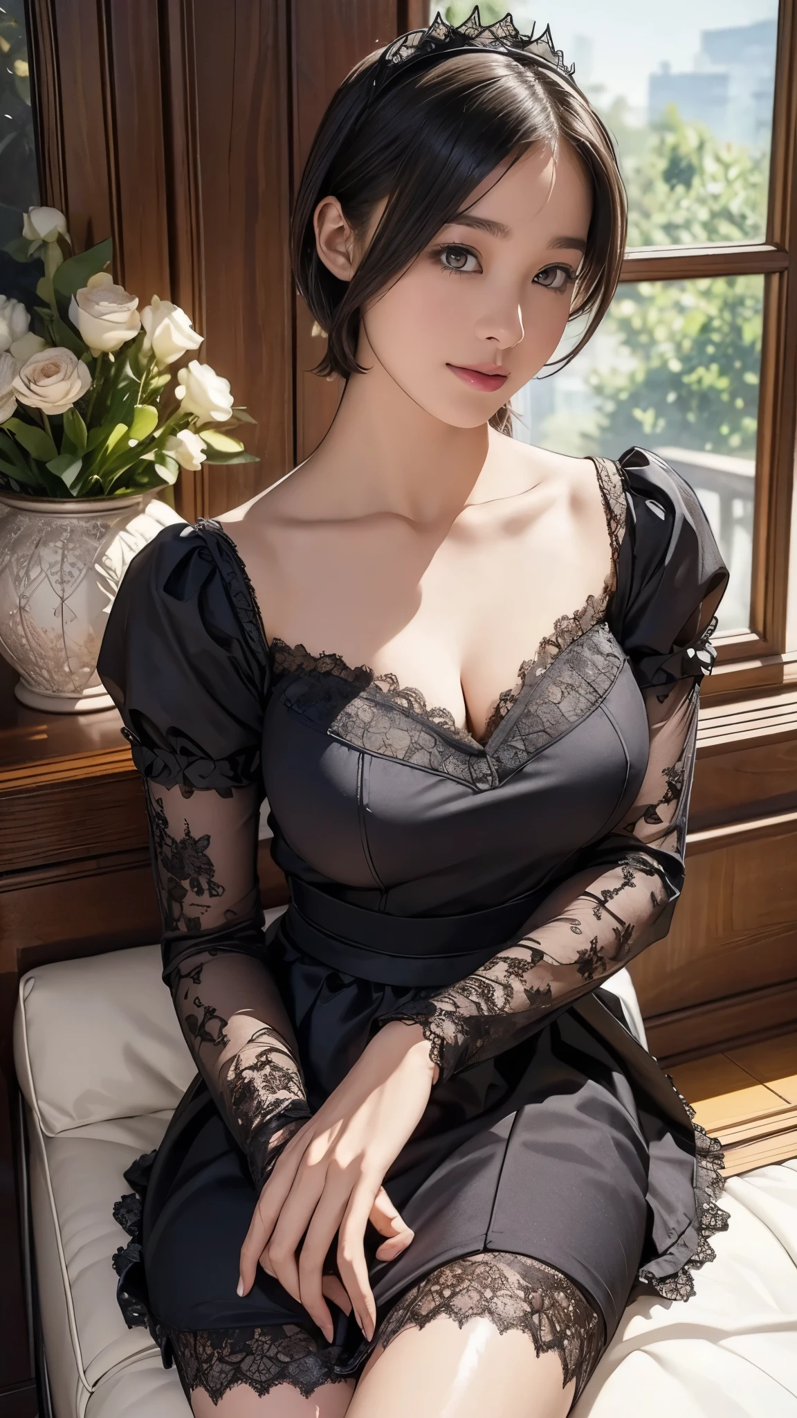 Araffe woman in a black dress sitting on a white cushion - SeaArt AI