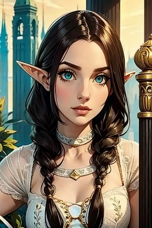 female elf,  Long black hair,  braided hair , brunette,  round face, GREEN AND WHITE CLOTHES, em uma cidade de fantasia, fantasy character