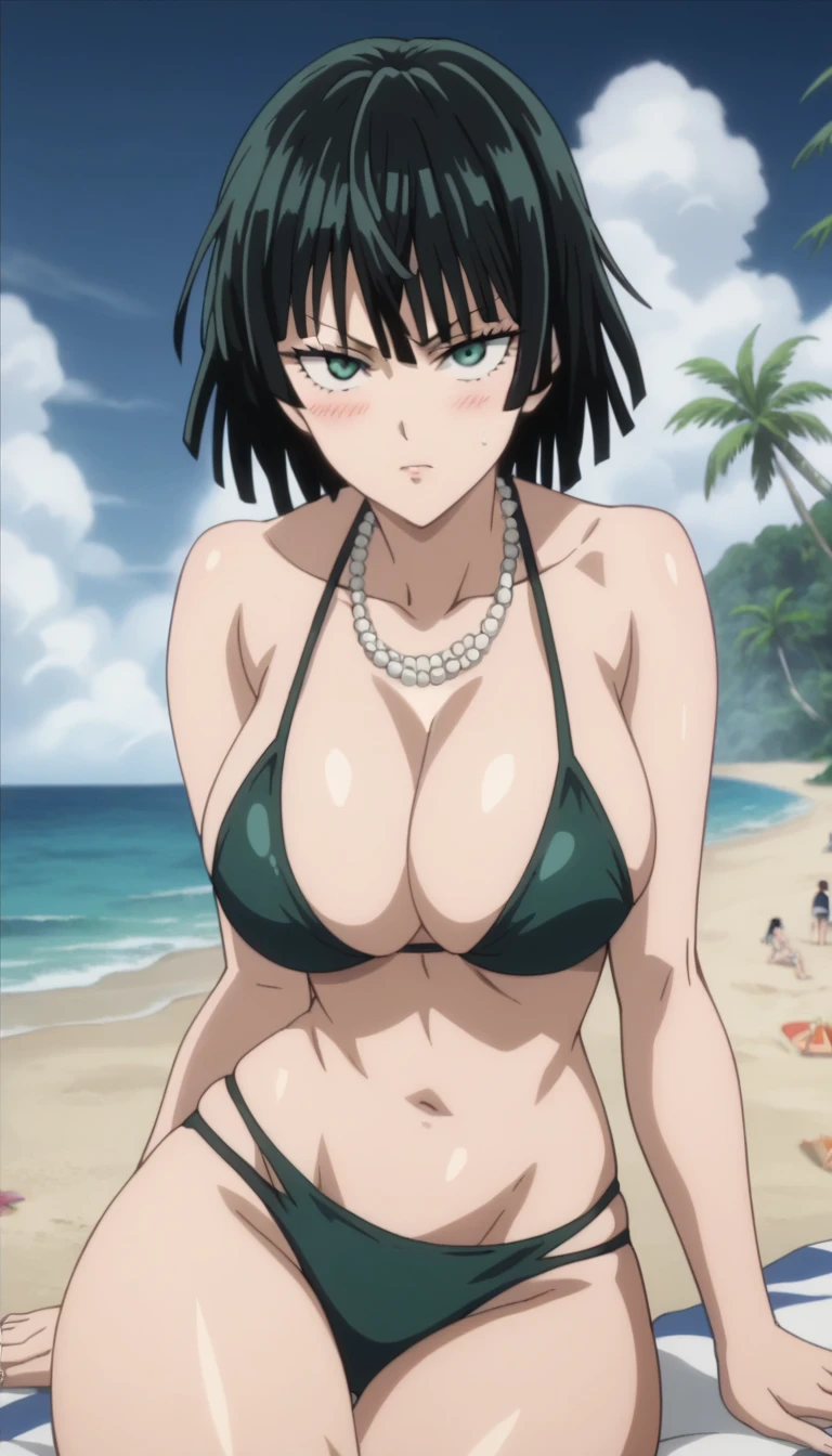 Prompt: (huge gigantic super mega hyper:1.1),(biggest round giant massive :1.1), (only one women) front view, bikini,beach,sexy poses, source_anime,masterpiece,best quality,highres,absurdres,official art,official style,source_anime,anime screencap,anime coloring,megami magazine,anime,animated,explicit, shiny skin,large breasts,  black hair , fubuki ,one punch man,blush, side, on side,   fubuki,