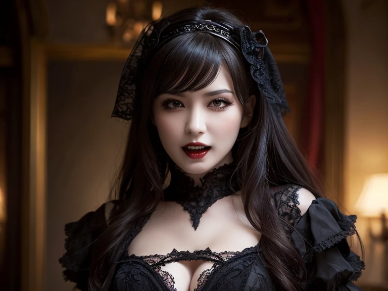 absurderes, masutepiece, Best Quality, nffsw, 1girl in, Mature Woman, (Sharp Focus), Villain's smile, medium breasts, (Hair on long black background), (grey eyes), (Detailed eyes), Gothic lace costumes, Black and Red theme, Realism, Black_castle, Ultra-detailed, Vivid, Intricate details, Photorealistic