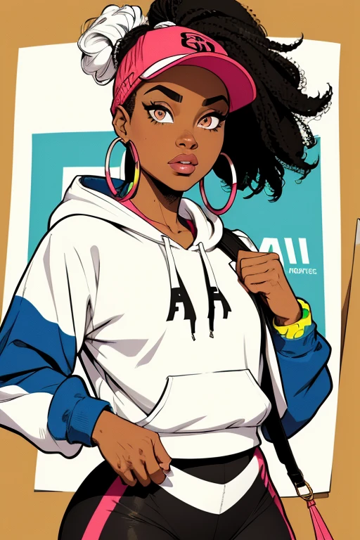  a black and white illustration to color  ,of a ******  African-American sporty with a high ponytail wrapped in a colorful scrunchie.   She wears a short hoodie over high-waisted leggings  ,  combined with stylish sneakers .  Her eyes exude confidence ,   and she complements it with a baseball cap worn behind  ,  hoop earrings , and a cross bag .