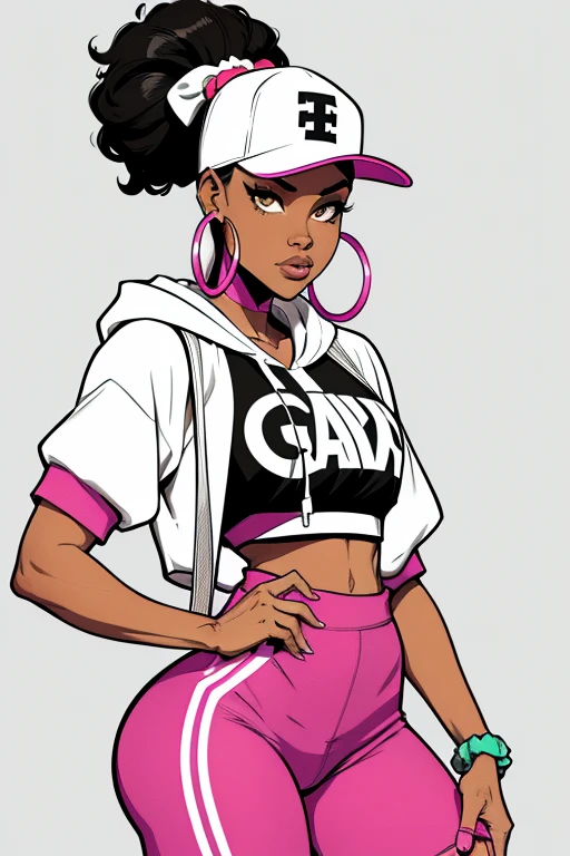  a black and white illustration to color  ,of a ******  African-American sporty with a high ponytail wrapped in a colorful scrunchie.   She wears a short hoodie over high-waisted leggings  ,  combined with stylish sneakers .  Her eyes exude confidence ,   and she complements it with a baseball cap worn behind  ,  hoop earrings , and a cross bag .