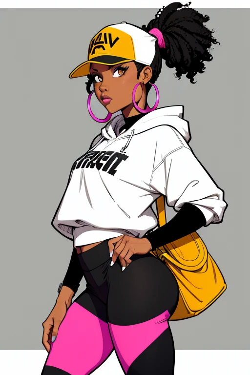  a black and white illustration to color  ,of a ******  African-American sporty with a high ponytail wrapped in a colorful scrunchie.   She wears a short hoodie over high-waisted leggings  ,  combined with stylish sneakers .  Her eyes exude confidence ,   and she complements it with a baseball cap worn behind  ,  hoop earrings , and a cross bag .