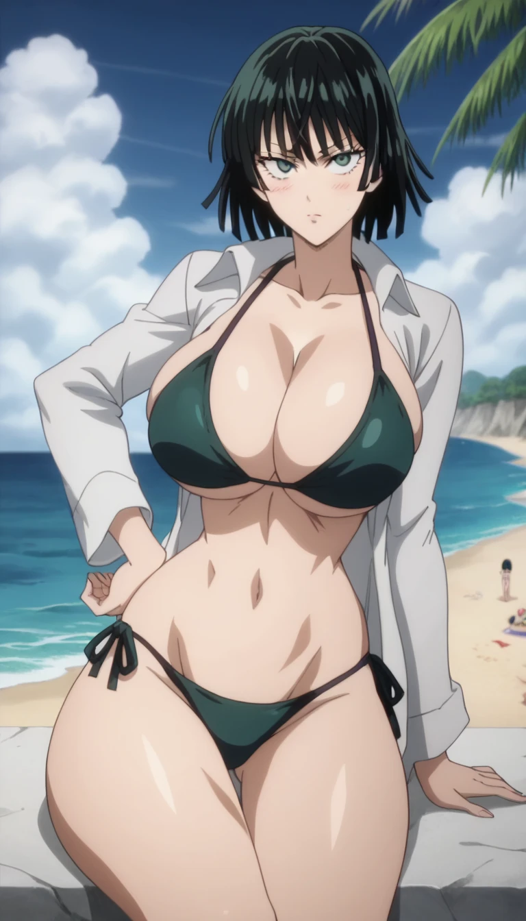 Prompt: (huge gigantic super mega hyper:1.2),(biggest round giant massive :1.2), (only one women) front view, bikini,beach,sexy poses, source_anime,masterpiece,best quality,highres,absurdres,official art,official style,source_anime,anime screencap,anime coloring,megami magazine,anime,animated,explicit, shiny skin,large breasts,  black hair , fubuki ,one punch man,blush, side, on side,   fubuki,