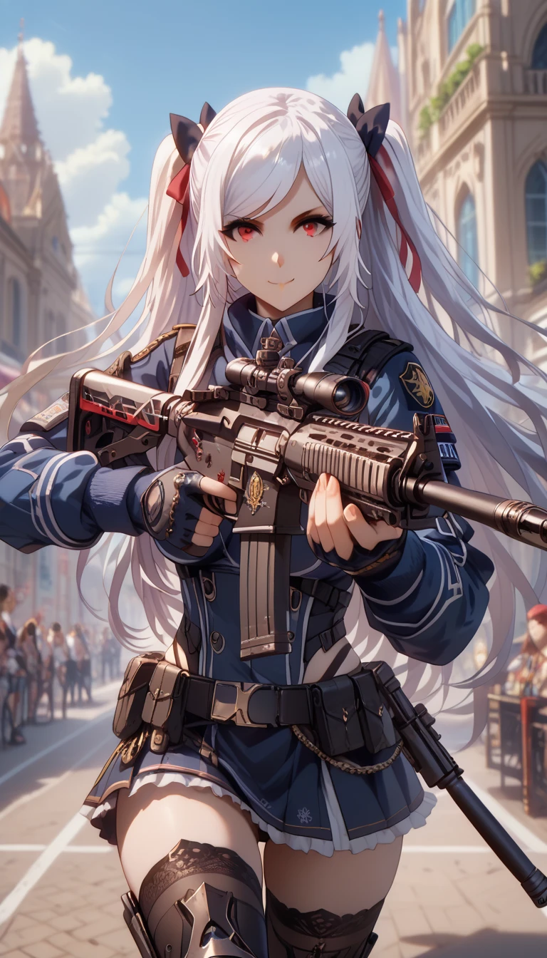 ultra-detailed, 1girl, alexia midgar, ((masterpiece)), (best quality), (highres), 16K, perfect face, long hair, hair ribbon, white hair, red eyes, sidelocks, ribbon, tactical gear, black thong, tactical belt, thighhighs, busty body, large breasts and a beautiful ass, showcasing cleavage, legs, hips, (holding assault rifle), looking at viewer, smile, detailed full body, street background