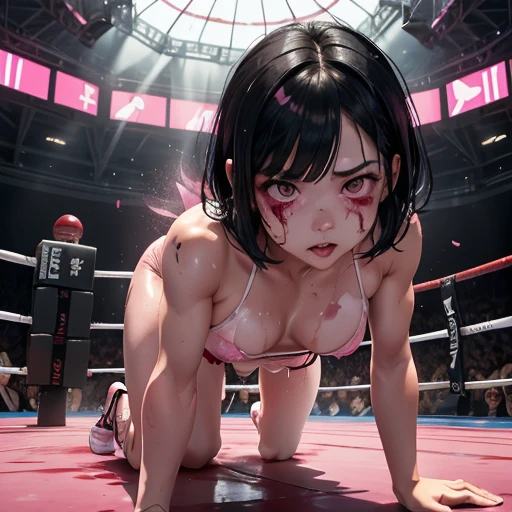 a (bloody) cute Japanese high school girl fighter was knocked down in the octagon fighting ring of underground arena with audience. She is (((on all fours))). She is glaring at the opponent with an upward glance. She has a strong fighting spirit. She try to stand from down. her body and face are covered in (blood) and (bruises) , her face is distorted and bloodied by opponent's attack. she is damaged terribly. (((Short-cut black hair))), out of breath, drooling from mouth, one eye is closed, exhausted, drenched in sweat. her erect, pink nipples splashing milk. (((top half naked))), (((pink-lined white high-leg panty))), open finger gloves, stockings, and arm-covers. Whittled waistline, (((muscular))), (((sixpack abs))), (((perfect shaped small breasts)))