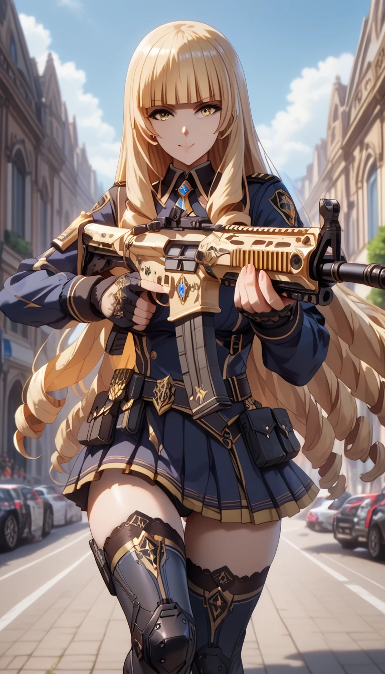 ultra-detailed, 1girl, oriana rose, ((masterpiece)), (best quality), (highres), 16K, perfect face, long hair, blonde hair, yellow eyes, drill hair, bangs, blunt bangs, tactical clothes, black thong, tactical belt, thighhighs, busty body, large breasts and a beautiful ass, showcasing cleavage, legs, hips, (holding assault rifle), looking at viewer, smile, detailed full body, street background