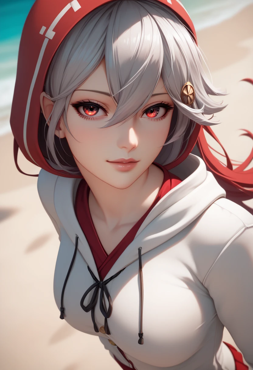 red eyes,miko,japanese miko,Hoodie,Kantai Collection,Aaron,long hair,Yandere,darkgray hair,inner red hair,(  High Quality , 8k, 4K,  high contrast on a beautiful sandy beach, :1.2,  High Quality , BETTER AESTHETICS ), (  dynamic angle  ), ((1 female)),  erotic, Functional,  mature body,  super detailed,  detailed beautiful face,  beautiful detailed eyes, Beautifully detailed mouth,  sexy body ,  PERFECT BREATH  ,  Perfect Thighs  , (Caucasian skin),black lips, (Center), (  staring at the viewer  )standing,