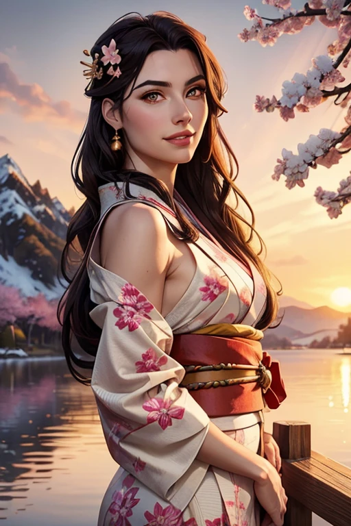 Kassandra, masterpiece,  best quality , detailed, (1 ******), Alone, detailed golden eyes,  long hair , standing,  near the viewer, (detailed kimono),  light smile ,  medium breasts ,  ( arms back ), water, sunset, (hair ornament), (cherry blossom),  lake on the snowy mountain in the background