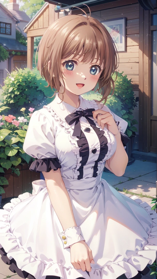 masterpiece, Highest quality, High resolution, One girl, Detailed face, blush, Anime CG Style, Medium breast, (1 girl:d-up), Good lighting, Perfect body, Sakura Kinomoto, Glossy Lips, city, garden, A light smile, Idol Dress