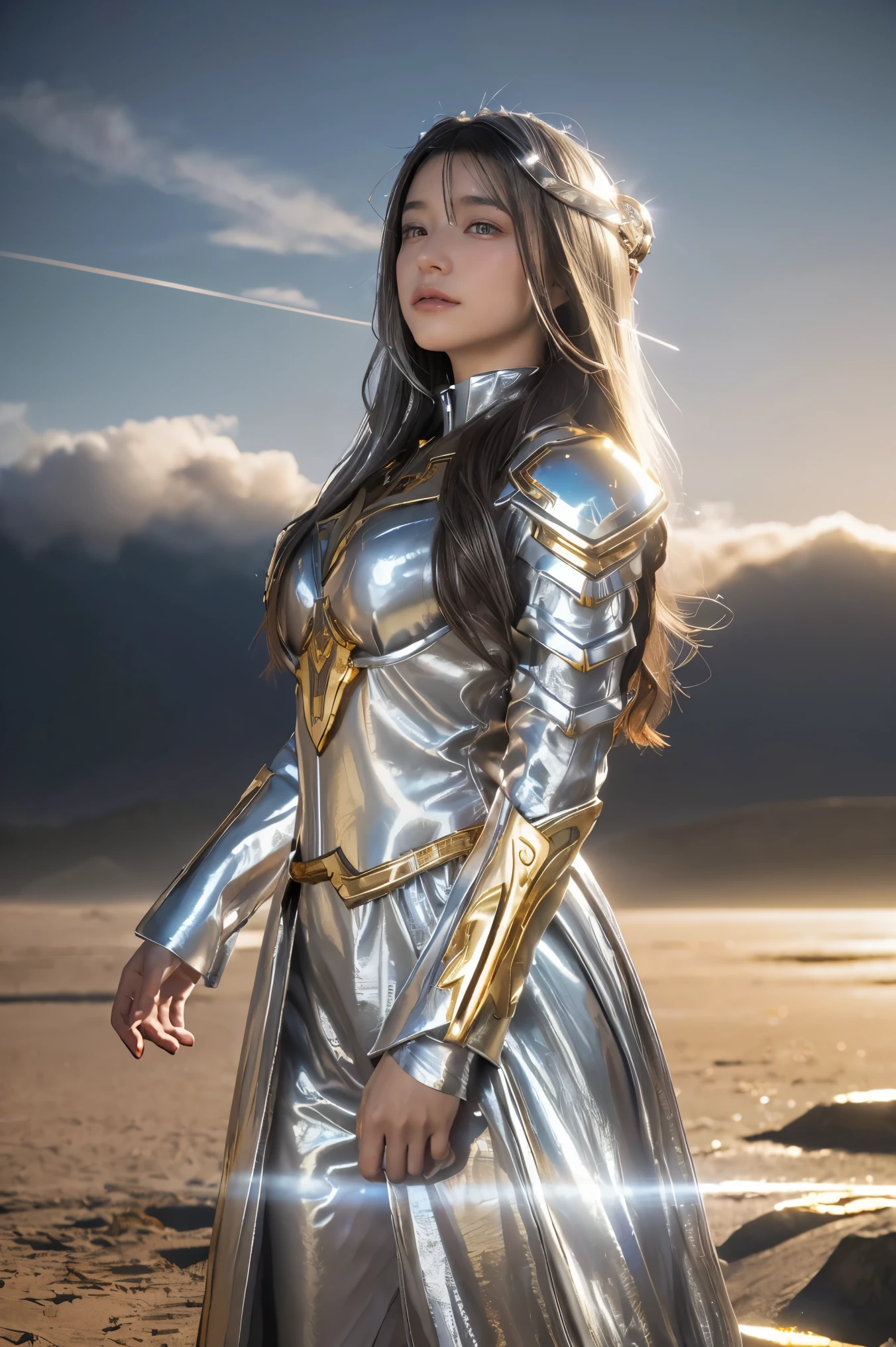 ((masterpiece, best quality, extremely detailed), volumetric lighting, ambient occlusion, colorful, glowing), 1girl, solo, young girl, (dark hair), long hair, halo, aura, sacred, goddess, cleric suit, (silver outfit with gold detailst:1.3), armor, outdoors, sunset, sky, clouds, space, (fantasy theme:1.2),