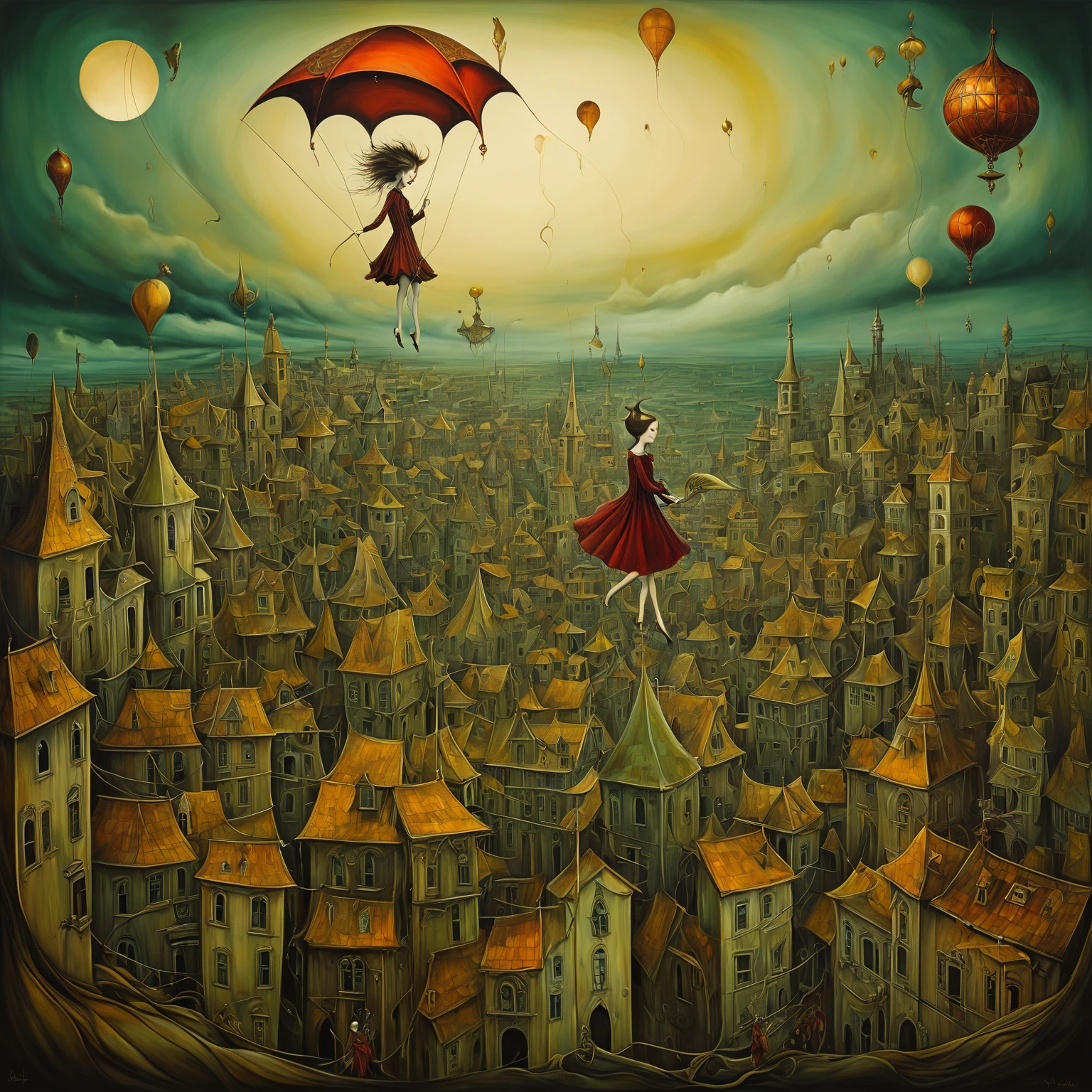 Aesthetic Surrealism painting, fusion of techniques, palette, styles by Esao Andrews, Aubrey Beardsley, Leonora Carrington, Surreal landscape, foreground of a girl floating on a kite over a dream-like city. Aesthetic surrealism, oil painting, golden sepia, green outline of canvas details, detailed facial features, whimsical contrast, highly detailed, cinematic lighting, vivid colors, dramatic composition, intricate details, digital art, surreal, mysterious, imaginative, ethereal, magical realism, light shading creates volume and depth, emotional expression, elements of symbolism and decoration to create a mystical atmosphere, unexpected details to create a mysterious and intriguing setting, Color Palette: Warm and rich colors - deep reds, golds and greens