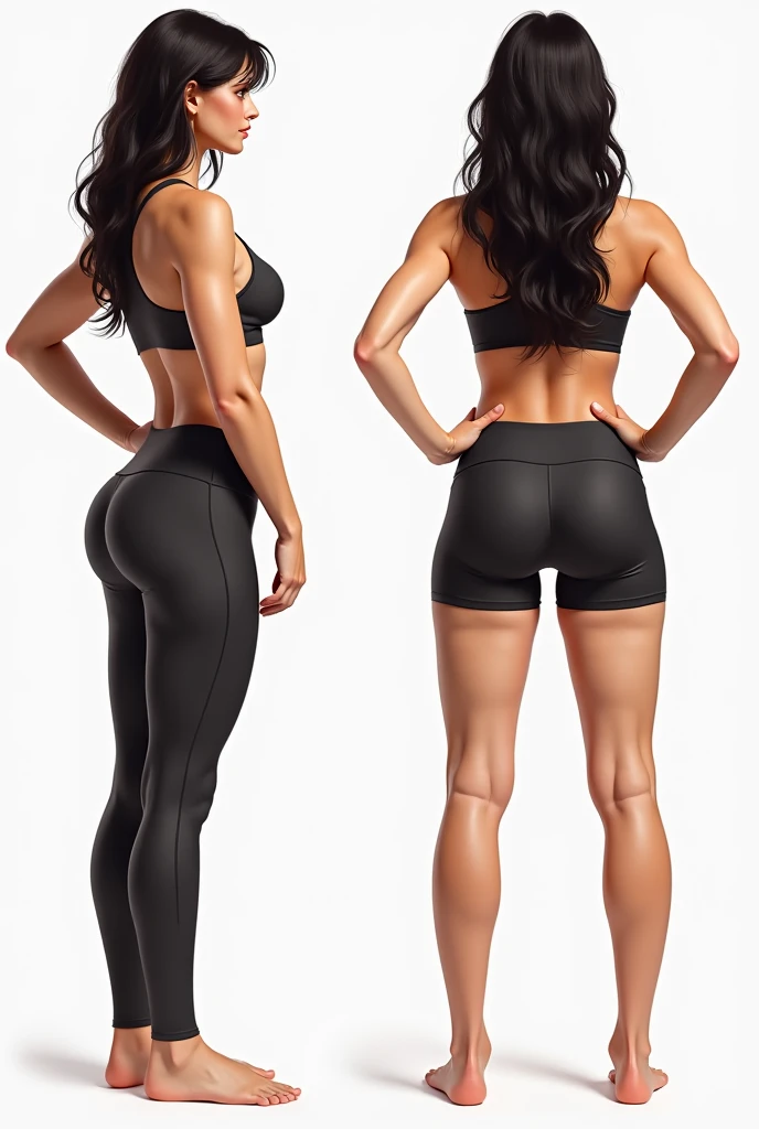 (photorealistic Realism 16K Quality, ultra-fine digital art), (Hyper-realistic proportional body, anatomically correct:1.3), Detailed character sheet, Front view, Side view, Diagonal view, with a white returnground, show women, 23 years old, with short dark brown hair combed return, Perfect body proportions,Whitens skin, ((narrow waist:1.22)), ((small ass)), (slim slim well-muscled body:1.11), (Wearing SPORT outfit:1.2), (red(tanktop, yaga pants, Armpit, split_legs)), (different angles, Front etc., back, right side, left side), firm and full breasts, turn back, (look at the viewer), Model sheets and reference sheets, ((Full-body photo)). Proportions are based on a 7.0 head scale.