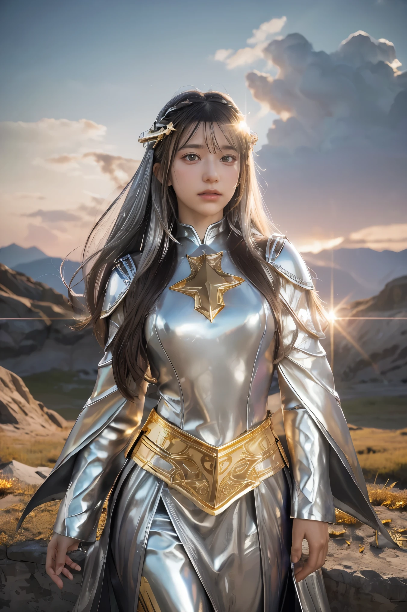 ((masterpiece, best quality, extremely detailed), volumetric lighting, ambient occlusion, colorful, glowing), 1girl, solo, young girl, (dark hair), long hair, halo, aura, sacred, goddess, cleric suit, (silver outfit with gold detailst:1.3), armor, outdoors, sunset, sky, clouds, space, (fantasy theme:1.2),