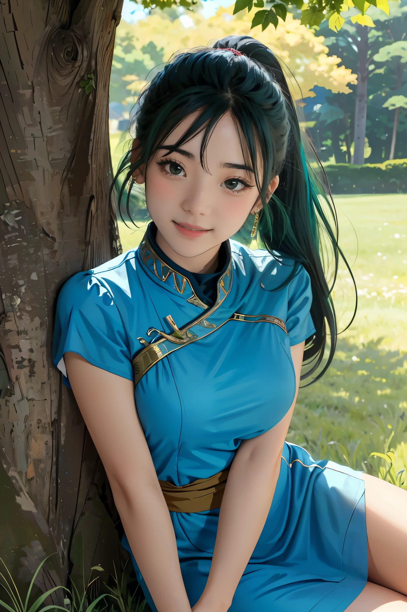 (masterpiece, best quality), intricate details,
1girl, lyn_(fire_emblem), 1girl, solo, ((green hair)), long hair, green eyes, high ponytail, blue dress, large breast, jewelry, fingerless gloves. hair ornament, lyn_(fire_emblem),
I am seated confidently with my arms around my knees in a sunny meadow, enjoying a picnic. Under the shade of a tree, I savor a delicious lunch from plates, fully embracing the moment's happiness.
