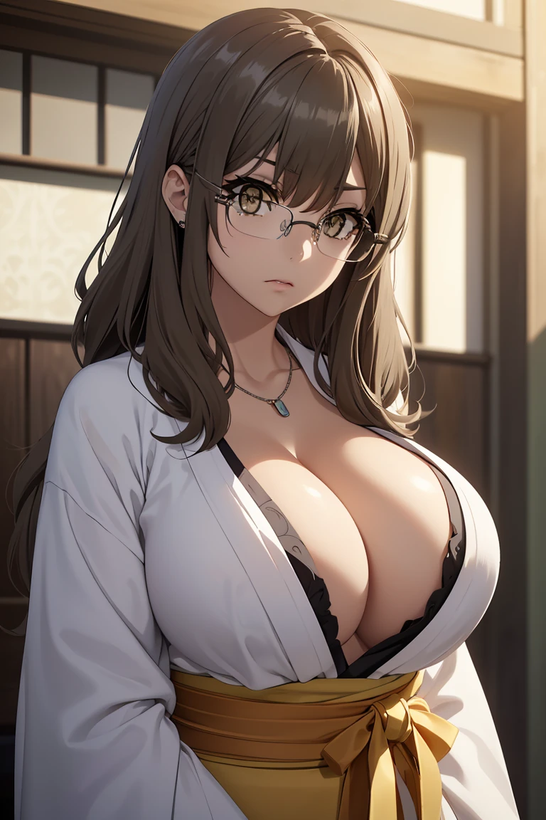 Riofutaba, Rio Futaba, black-framed eyewear, (brown eyes:1.7), glasses, (grey hair:1.2), hair between eyes, over-rim eyewear, semi-rimless eyewear, long hair, sidelocks, BREAK (long sleeves, cleavage, huge breast, gigantic breast, jewelry, japanese clothes, kimono, necklace, black kimono, hakama, black hakama, sash, white sash:1.2), BREAK angry looking face、Shyness、up chest、solo,、breastsout(camel's toe)、highleg, BREAK (masterpiece:1.2), best quality, high resolution, unity 8k wallpaper, (illustration:0.8), (beautiful detailed eyes:1.6), extremely detailed face, perfect lighting, extremely detailed CG, (perfect hands, perfect anatomy),