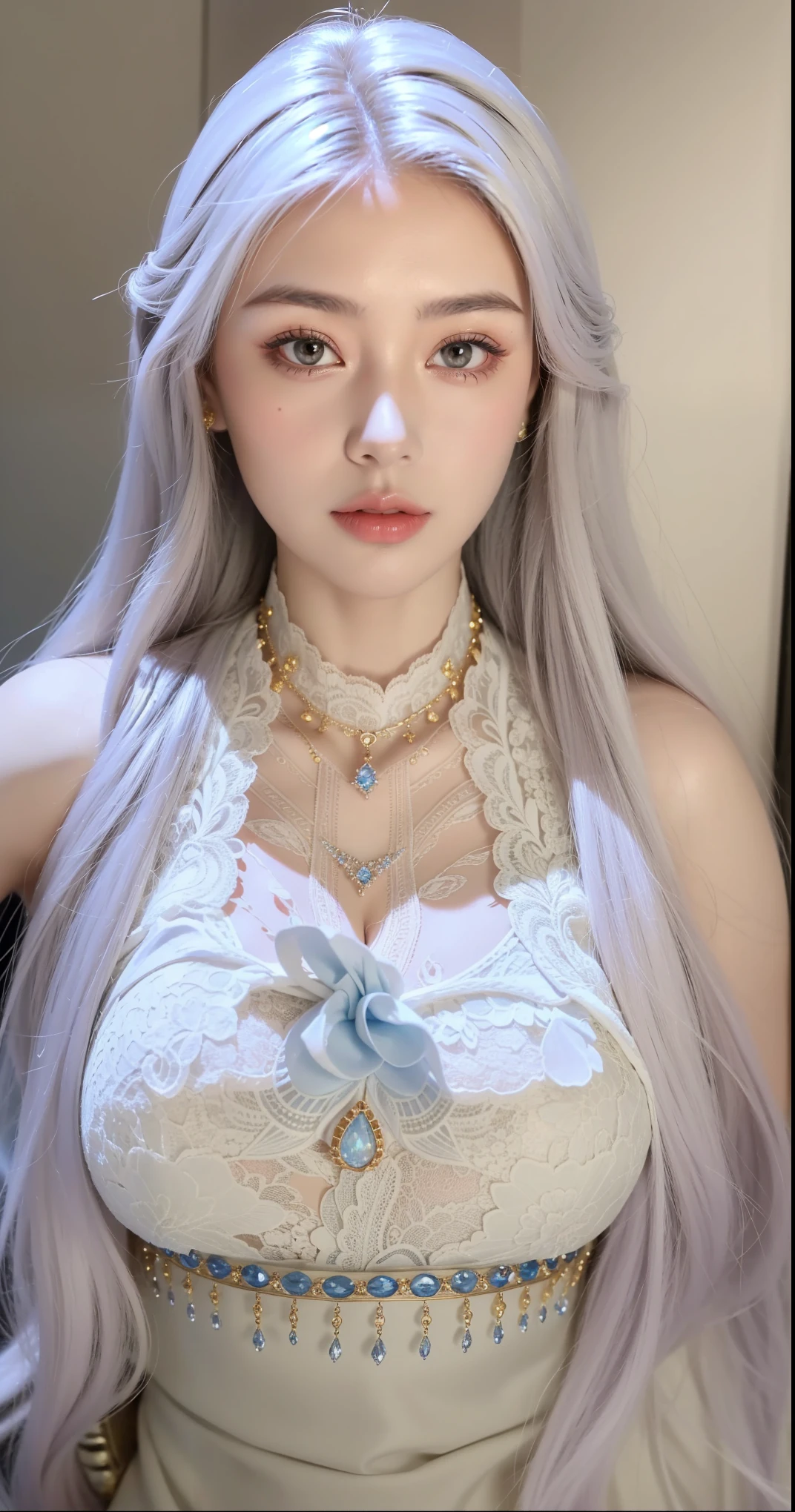 guqinghan,cangyugezhu,
chinese clothes, china theme, blue dress,white lace trimgloves, Fur trim, side slit, cape, shawl, Platinum Blonde Fine Hair、Extra long silky straight hair、Big eyes with bangs and eyeliner、Visible cleavage、Nordic Youth、Perfect body、Very beautiful and cute、White Skin、Smooth and radiant skin、Young and beautiful skin、Perfect beautiful little face、Shiny Makeup、Thin pink lip gloss expression、girl、Lipstick、Deceptive advertising、{Steaming hot}、Audience perspective、Primetime lights、Bokeh atmosphere perspective、Detailed movie lighting、Intricate details、high resolution、 Details of facial design、High Detail、Be focused、Smoothness、aesthetics、Print、Octane Renderer、{{masterpiece}}
