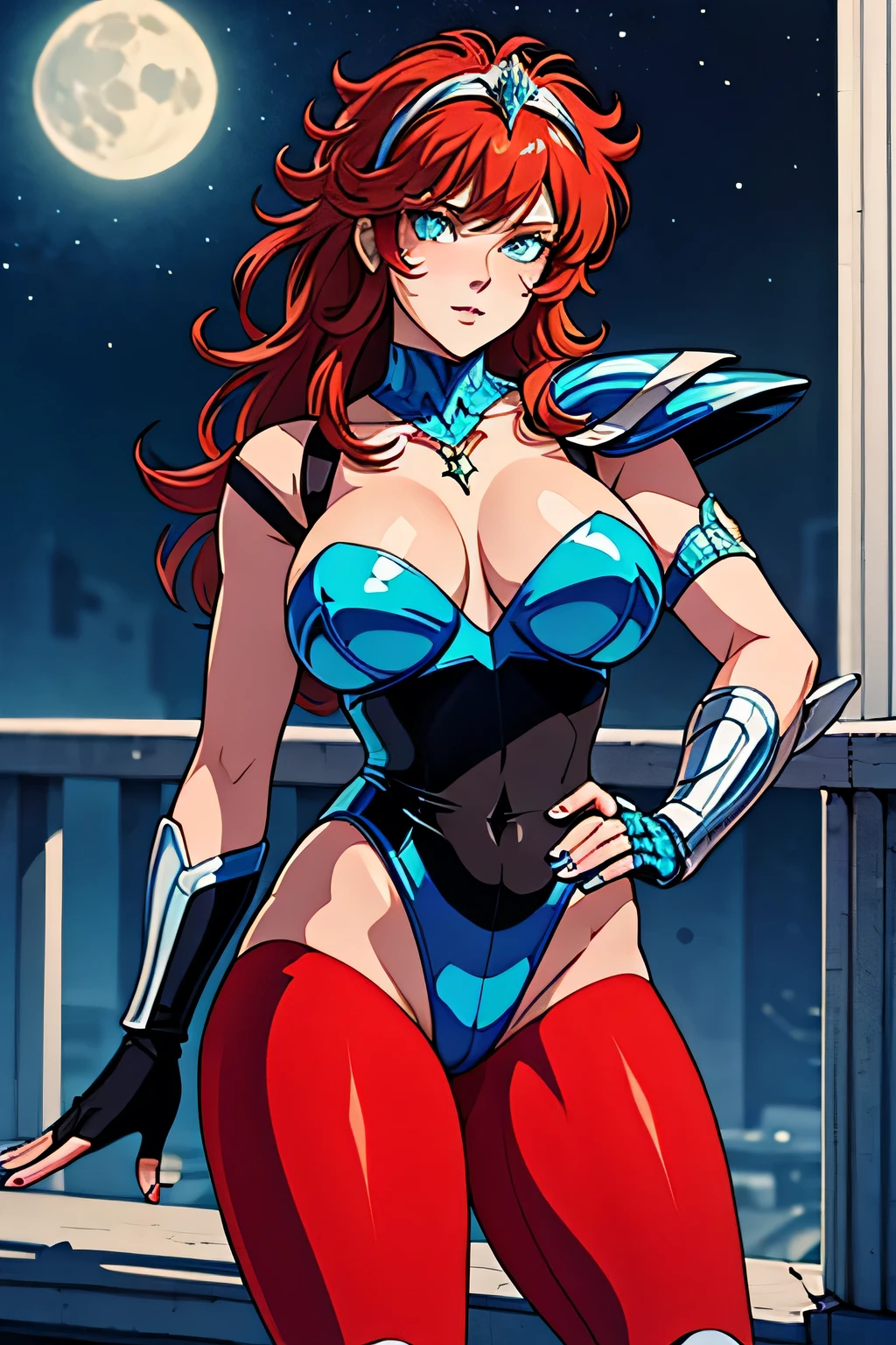 masterpiece, best quality, high quality details, 1girl, solo, brown leotard, breast, very long hair, red hair, blue eyes,shinning eyes, shinning face, full body, fingerless glove, black high heels, white thighs, blue armor, breastplate, necklace, white nail polish, milf, looking at the viewer. Universe background, stars, moon, sun , planet, in front, close up, sexy pose, breastplate, armor, blue diadem, huge tits, huge ass, horny poses, looking at viewer, sexy poses. 4K Full HD, Lora Detail Anime Girls, perfect anatomy, saint seiya Lost Canvas 