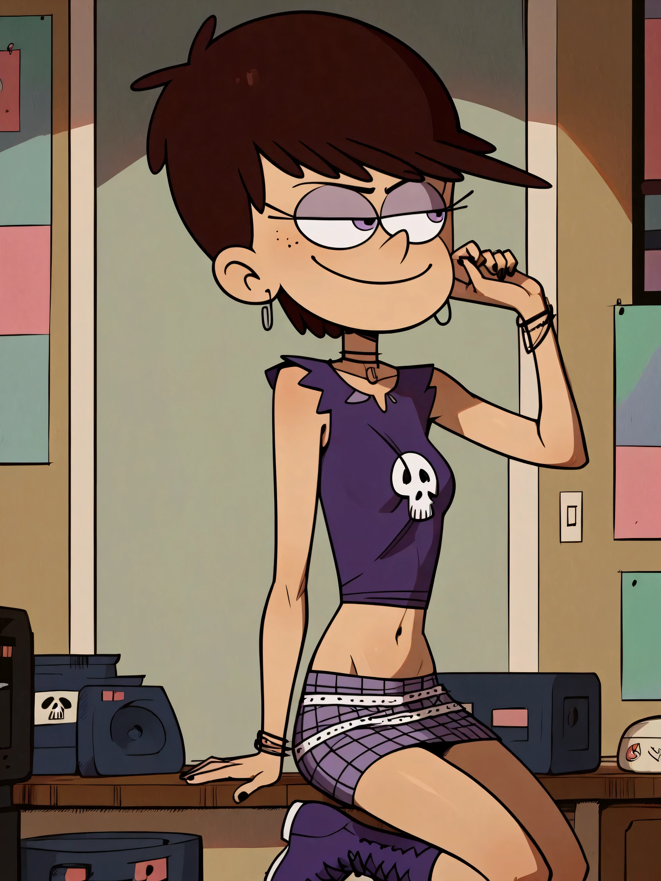 score_9, score_8_up, score_7_up, score_6_up, score_5_up, score_4_up, zPDXL3, Expressiveh, (slim fit), easynegative, godrays, Luna Loud, brown hair, purple eye shadow, black nail polish, short brown hair, perfect black eyes, bracelet, choker, earrings, skull on shirt, purple shirt, sleeveless, torn shirt, purple skirt, plaid skirt, purple boots, thighs, midriff, sexy smile, perfect breast, posing, inside a record store, score_9, score_8_up, score_7_up, score_6_up, dynamic angle 