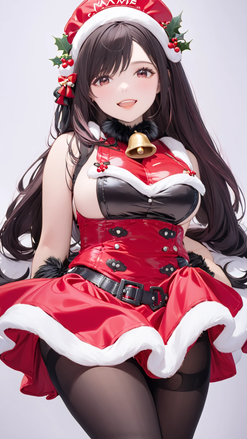 masterpiece,1 Girl, Selena,Pink_hair, Gloves, black_Gloves, fur_prune, have, Santa Claus_clothing,  Christmas, Open_Mouth,  Smile, bell,  unique ,  red _Headdress, pantyhose, White_background, Pink_Eye, Santa Claus_have, 