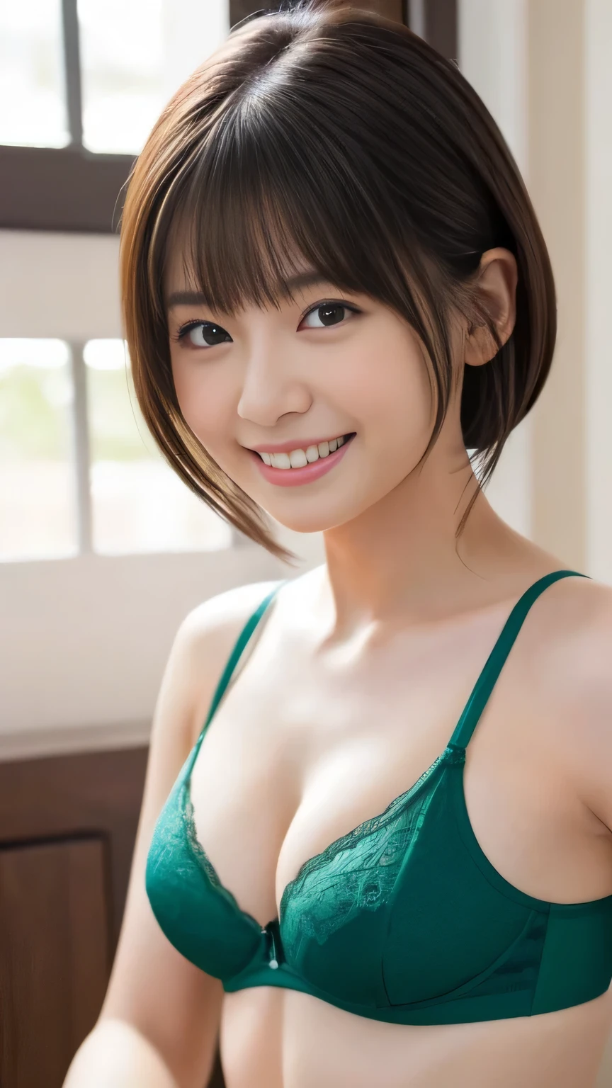 (               best quality, A unique masterpiece:1.2),                              ultra high resolution、1 person、stand. (Green underwear)           very concentrated          ,                very detailed, Realistic,    ,                       , Great writing、        wavy hair in front of the station   、               black hair、bangs、  ponytail or bob cut   、Nogizaka idol、Beautiful and kind eyes、Positively small breasts, strong and sexy images      。baby face、relax、、Non-NSFW images、(whole body   )Faithfully、 Provocative smile、smile、Mature beauty、