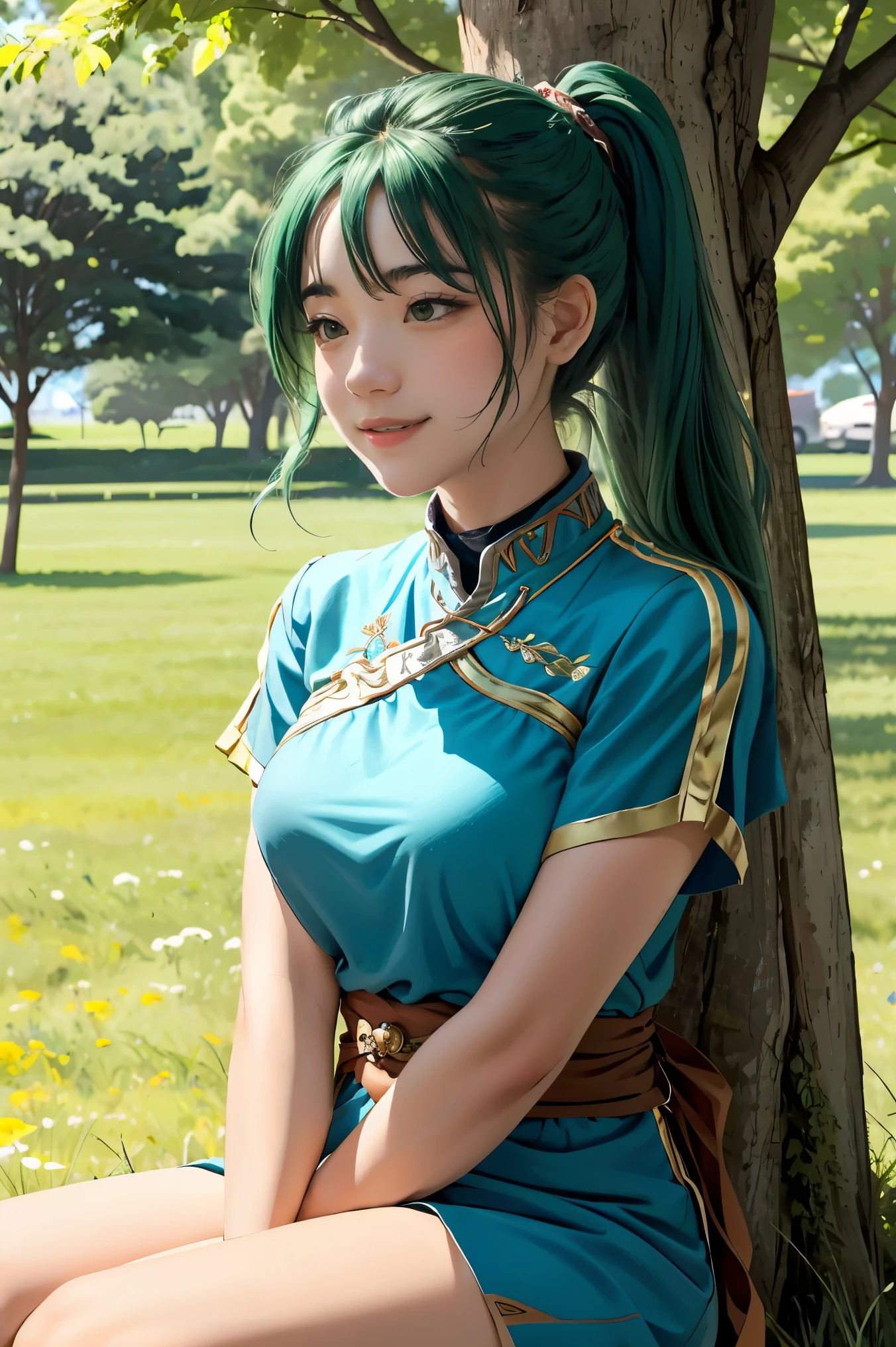 (masterpiece, best quality),  intricate details,
1girl,   lyn_(fire_emblem), 1girl, solo, ((green hair)), long hair, green eyes, high ponytail, blue dress, large breast, jewelry, fingerless gloves. hair ornament, lyn_(fire_emblem),
I am seated confidently with my arms around my knees in a sunny meadow, enjoying a picnic. Under the shade of a tree, I savor a delicious lunch from plates, fully embracing the moment's happiness.