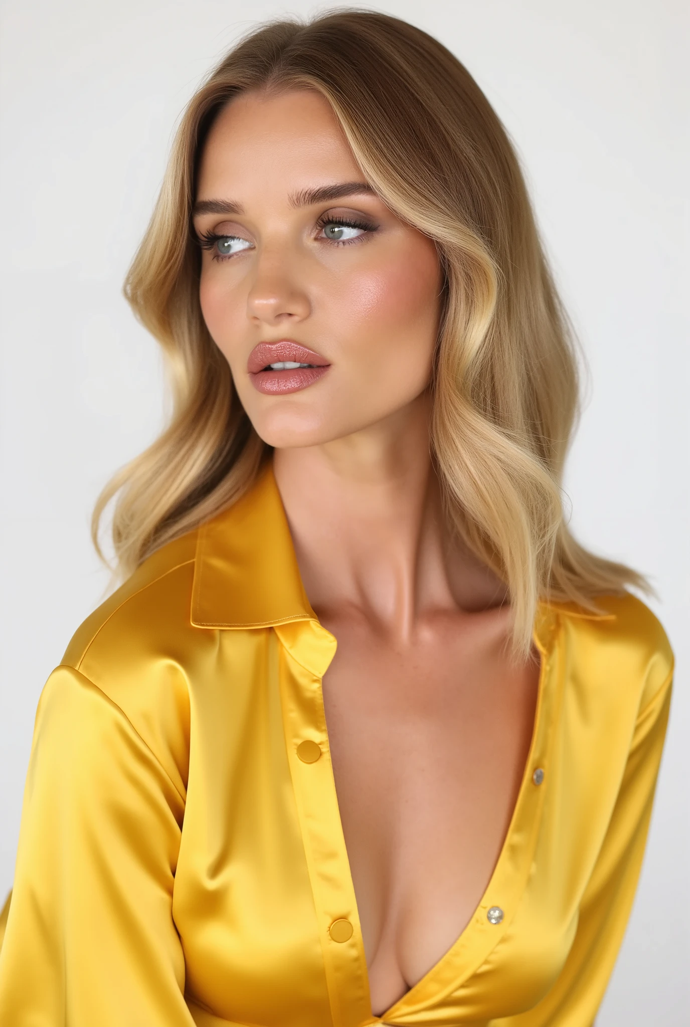 Rosie Huntington-Whiteley, british blonde model with an low cut yellow satin button down shirt with small breasts, side profile, cleavage, seductive, light makeup, white studio background