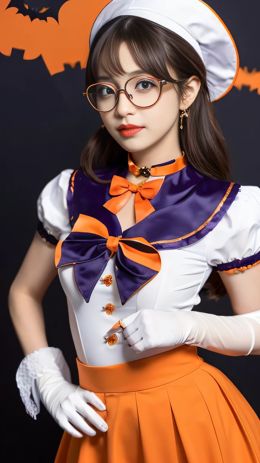 (halloween theme:1.3), magical costume girl, age of 18, BREAK, upper body portrait of a tall busty beautiful glasses girl wearing sailor senshi uniform, orange skirt, elbow gloves, tiara, orange sailor collar, red bow, orange choker, white gloves, jewelry, (wearing a glasses), BREAK, ((;D1.5)), perfect face,perfect eyes,HD details,high