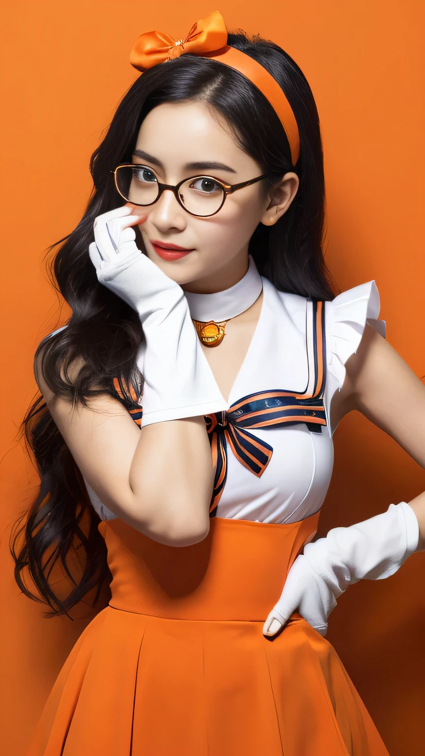 (halloween theme:1.3), magical costume girl, age of 18, BREAK, upper body portrait of a tall busty beautiful glasses girl wearing sailor senshi uniform, orange skirt, elbow gloves, tiara, orange sailor collar, red bow, orange choker, white gloves, jewelry, (wearing a glasses), BREAK, ((;D1.5)), perfect face,perfect eyes,HD details,high