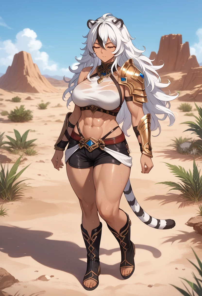 ((masterpiece)), 1girl, solo, long hair, white tiger ears, white tiger tail, closed eyes, sweat, desert scenery, revealing outfit, black shorts, high black boots, abs, tan skin, thick hair, messy hair, light shoulder armor, light gauntlet, eremite, full body, mature woman, large breasts, large ass, thick thighs, perfect slim figure, cute, white hair, two-tone hair. 