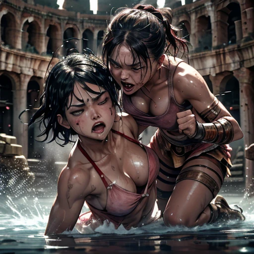 full body, dynamic battle action, they are killing each other by their fist. muscular and sixpack abs body, they are (((beating each other's body and face))) so hard. two (((bloody)))) beautiful (((ancient))) battle slave young girls are fighting in the (((ancient Roman Coliseum))) with audience. they are covered in (blood) and (bruises) , (Intense violence). A fierce exchange of (dynamic attacks) with bare-knuckle fighting. they are striking each other so hard. extreme (survival battle). they are glaring at each other. her face is distorted and bloodied by opponent's attack. they are (beating) each other so hard. tthey are damaged terribly. Short-cut black hair, (((out of breath))), drooling from mouth, one eye is closed, exhausted, (((drenched in sweat))). her erect, pink nipples are splashing milk. small breasts, Whittled waistline, (((ragged clothes)))