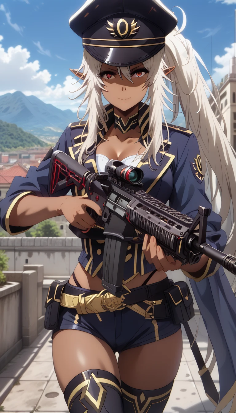 ultra-detailed, 1girl, dark-skinned female, lambda, ((masterpiece)), (best quality), (highres), 16K, perfect face, long hair, white hair, pointy ears, dark skin, sidelocks, ponytail, red eyes, peaked cap, military uniform, tactical belt, black thong, thighhighs, busty body, large breasts and a beautiful ass, showcasing cleavage, legs, hips, (holding assault rifle), looking at viewer, smile, detailed full body, rooftop background