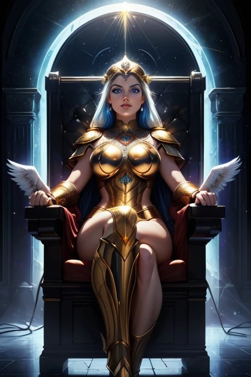 (8k, foto RAW,  best quality , masterpiece:1.2), filming style, (dark photo:1.5), ( the Emperor as an incredibly attractive woman with soft onyx-colored hair), (Armor detail:1.4), (shiny skin high detailed wax effect),  long lush hair ,  heroic pose , (soft warm skin with wax effect:1.3), pastel, (Big blue _ eyes like windows to your soul , Bright arcane eyes:1.4), (bright highlights:1.6),  detailed eyes , to break, ( soft volumetric light :1.3), ( subsurface scattering :1.2), wax, (Night light:1.6),  global lighting, soft shadows, ( intricate background of the throne room , bokeh effect), charlie bowater,  Stanley Artgerm Lau ,  a detailed photographic portrait ,  fantasy art , ArtStation,  she is the light that crosses the eclipse , em alta no ArtStation, arte como midjourney e Rutkowski,  hyperdetailed , insane details, mystic, holy face, ( oil painting:1.3), (Digital Art:1.5), to break, (perfect symmetry,  Perfect Composition:1.3), glorious,  reflections in screen space , Screen Space Ambient Occlusion, (HDR:1.3), ( full body photo in three quarters :1.2),  high contrast, (gold, Imperial,  iconography based on eagle , righteous purity:1.3), (divine_breasts:1.4),