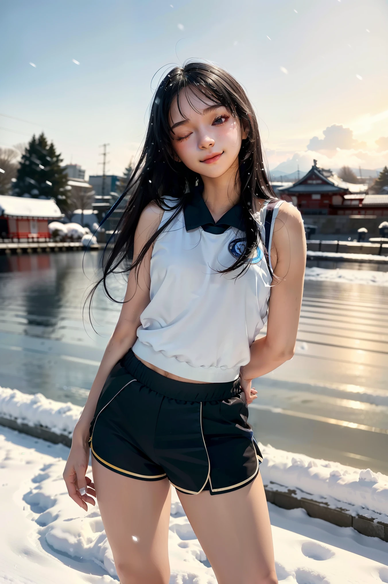 ((Obra maestra, La mejor calidad, ultrahigh resolution)), (((a girl in a Japanese gym uniform, blue Japanese ladies gym shorts, standing confidently, weilding a tennsis racket))), (((black hair, dark black hair))), long hair cut, pale skin, ((brown eyes)), glowing_eyes, neon eyes, (ultra detailed eyes:0.7, beautiful and detailed face, detailed eyes:0.9), ((centered)), ((cute smile, pretty)), facing viewer, eye level, ((vibrant background, snowy landscape, cityscape, snowing)), flat chested, looking at viewer, ((half closed eyes)), ((perfect hands)), (((head:1, arms, hips, elbows, in view))), ((hands behind back)), empty eyes, beautiful lighting, outside, outdoors, background, defined subject, 18 years old, (head tilt)