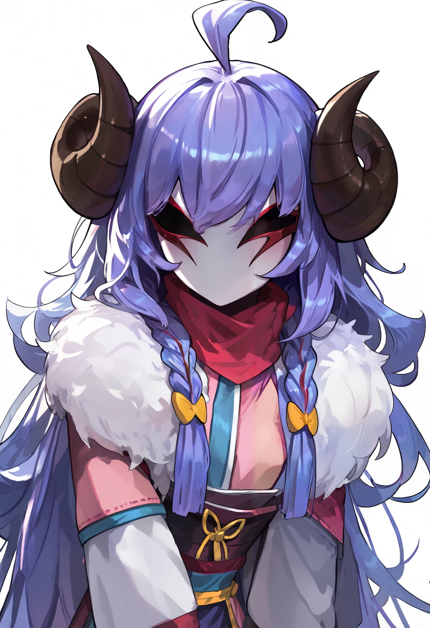 Masterpiece, anime, 1girl, Sbkin, sheep girl, long hair, purple hair, braids, curved horns, mask, faceless, ahoge, japanese clothes, scarf, fur trim, upper body, leaning forward, head tilt, white background, simple background, score_9, score_8_up, score_7_up, unaestheticXL_bp5