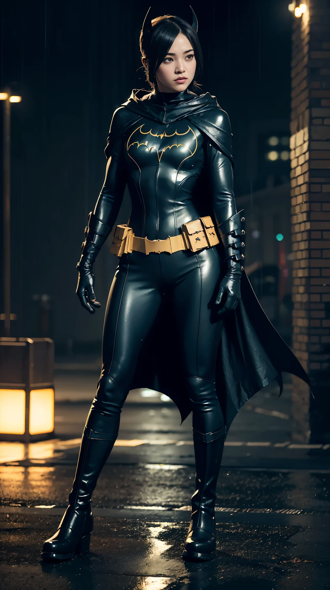 A full-body view of a girl wearing a Batgirl-inspired combat suit stands on a sidewalk in Gotham City at night. She is dressed in a hood with pointed bat-like ears, exposing her mouth and chin; a fitted chest plate with a muscular design and a gold bat symbol in the center; a sturdy gold utility belt with tool compartments; long, reinforced gloves that cover her forearms; and a textured, flexible, body-hugging lower part of the suit. Reinforced boots and a sturdy black cape with a light drape complete the look. Her loose hair falls behind the hood, while the suit is wet from the heavy rain falling.

The scene takes place on a sidewalk at night in the iconic Gotham City, illuminated by neon lights reflecting off the wet ground. The full-body girl is immersed in the somber mood of the city, with raindrops running down her suit and creating a sheen on her armor. The atmosphere is one of mystery and surveillance, with urban details such as buildings in the background and the distant sounds of the metropolis.