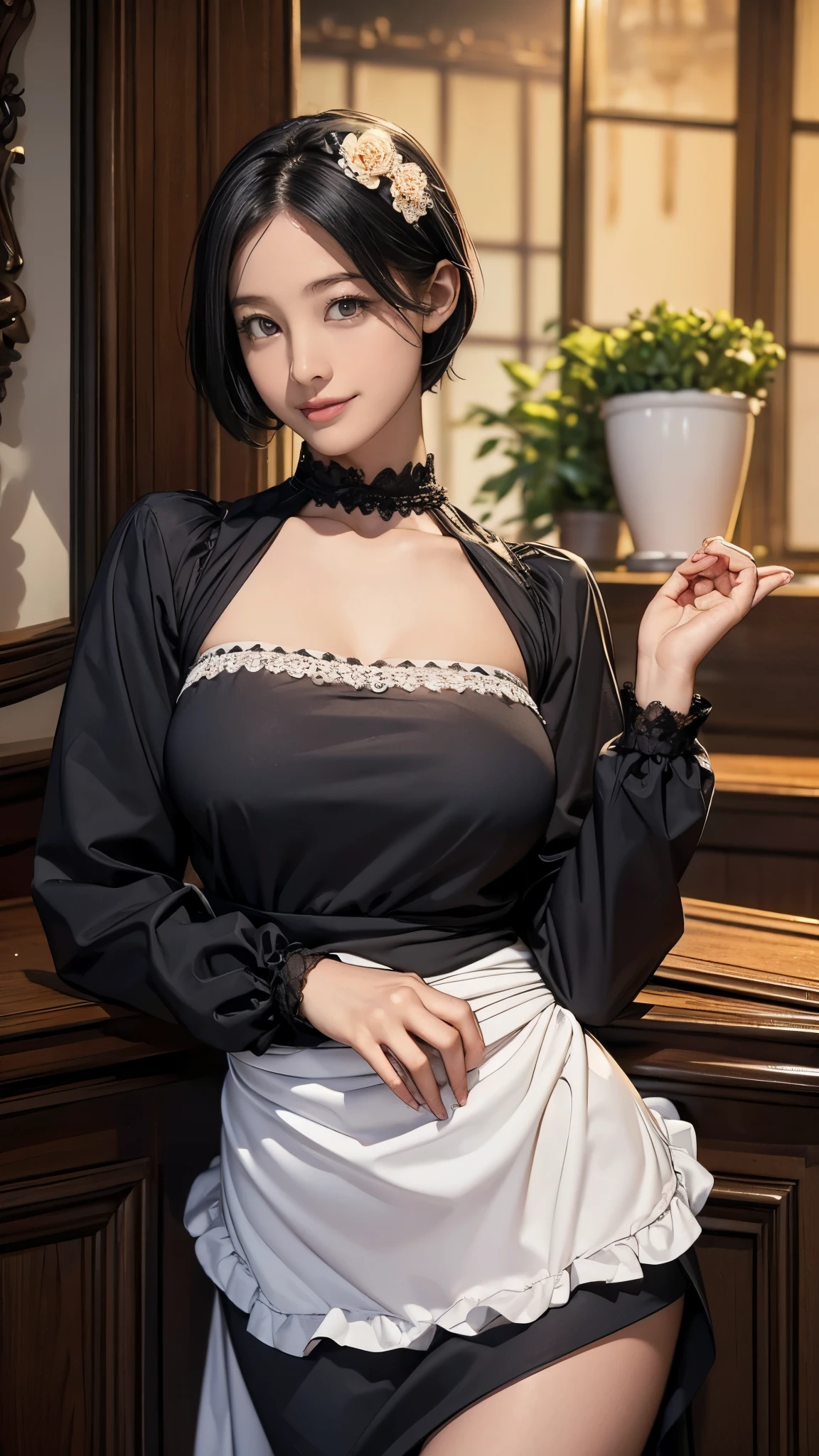 8K、The highest quality of photorealistic RAW photos。1.4)1人,(Caucasian girl werewolf) Personification of super beautiful small-breasted wolves(lifelike face) Wolf personification ,Short bob with black hair,Maid long skirt,Black and white maid costume,golden decoration beautiful expression super high resolution smile precise details realistic skin,enticing,red claw,Beautiful Wolf Eyes,Holding a dagger,Gray wolf ears,