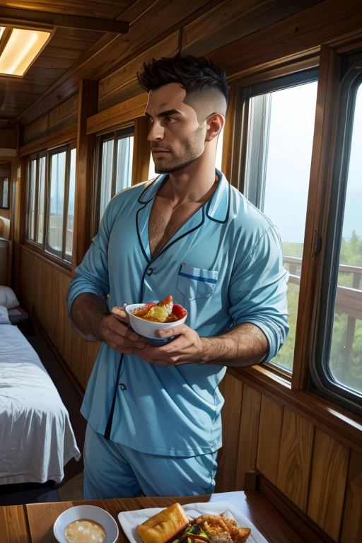 (masterpiece,  best quality ), 1 ******,  Cut Blue Baby Caesar with Faded, huge chest,    train rooms , bunk bed , pajamas,  looking out the large window ,  breakfast on the table , Wooden wall