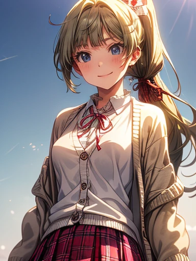 (( Play:1.4, masterpiece,  best quality,  high definition , 超 high definition ,  Perfect Pixel ,  the depth of the written boundary, 4K, RTTX 10.0,  high definition ))), ( one girl :1.3),  beautiful anime girl ,  beautiful art style,  anime character, ((Long Hair, bangs,  dark brown hair,  ponytail)), ((Beautiful eyelashes)), (( detailed face ,  blanking:1.2)), (( smooth texture, Realistic texture,  anime CG style)),  perfect body, Slender body,  Big Beautiful Breasts , (Adult female), ( beige cardigan ,  white shirt,  red ribbon,  plaid pleated skirt:1.2),  angle from the front , ((:1)), (  by yourself:1.2),  beautiful thighs,   embarrassing looks  ,(((thong)))