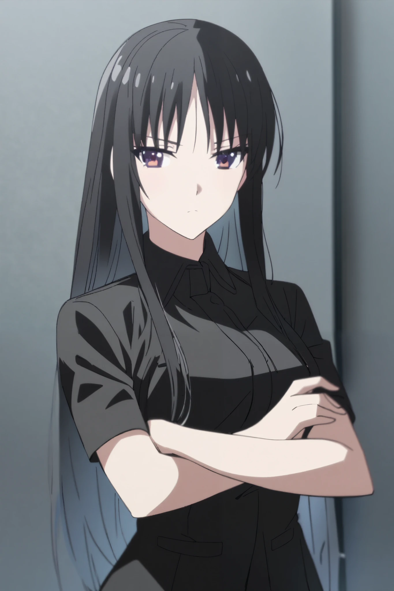 1 girl, black hair, black suits, calm look, arms crossed, 